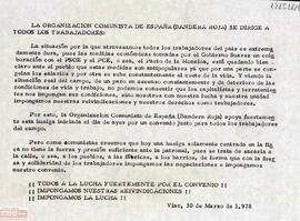 Comunicado de la OCE (Bandera Roja) en el que apoya la huelga de los trabajadores del campo