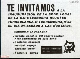 “Te invitamos a la inauguración de la sede local de la OCE (Bandera Roja) en Torreblanca“. Hoja volandera del Comité Zona Este
