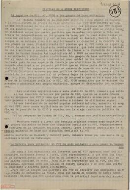 Circular nº 4 del Secretariado Nacional de Catalunya de la [LCR] sobre las elecciones. Va acompañada del acta de la Comisión Política del Front per la Unitat dels Treballadors (FUT