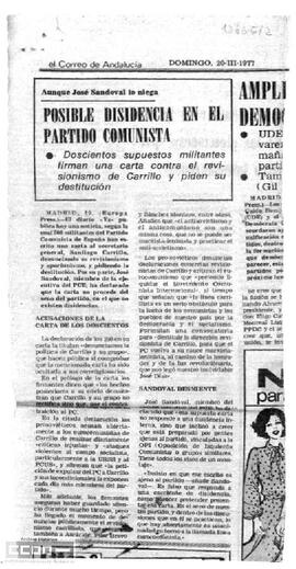 "Posible disidencia en el Partido Comunista", artículo de El Correo de Andalucía de marzo de 1977.