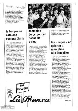 Asamblea de CC.OO. con bocadillo y vino. Recorte de prensa de El Mundo.