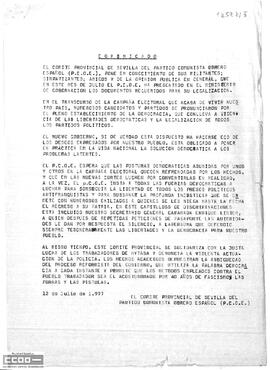 Comunicado de prensa del Comité Provincial de Sevilla del PCOE sobre la presentación de los documentos para la legalización del partido.