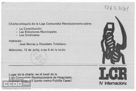 Invitación de la LCR a la charla-coloquio sobre la Constitución, las elecciones municipales y los sindicatos