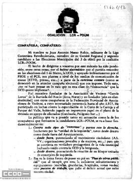 Carta de presentación de Juan Antonio Maeso Rubio, candidato por la coalición LCR-POUM