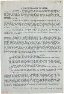 Carta de Nazario Aguado Aguilar, Secretariado Permanente del Comité Ejecutivo del [PTE], sobre los acuerdos adoptados  por el Comité Ejecutivo