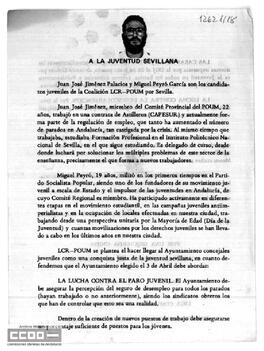 Carta de presentación de Juan José Jiménez Palacios y Miguel Peyró García, candidatos por la coalición LCR-POUM