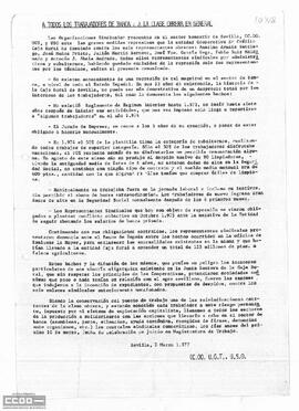 Llamamiento de CC.OO., UGT y USO del sector bancario de Sevilla a solidarizarse con los enlaces sindicales expedientados por la Caja Rural de Sevilla.
