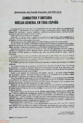 “Combativa y unitaria huelga general en toda España”. Declaración del Comité Ejecutivo del PCE (m-l)
