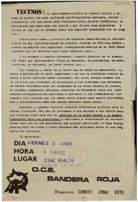 Comunicado del Comité Zona Este de la OCE (Bandera Roja)  en el que invita a la charla sobre “La actitud de la clase obrera y el pueblo trabajador  ante las elecciones”