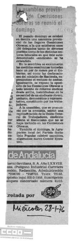 “La asamblea provincial de Comisiones Obreras se reunió el domingo”. Recorte de prensa. Correo de Andalucía.