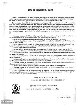 “Viva el primero de mayo”. Llamamiento del Comité Provincial de Sevilla del PCOE a la participación en la manifestación del primero de mayo.