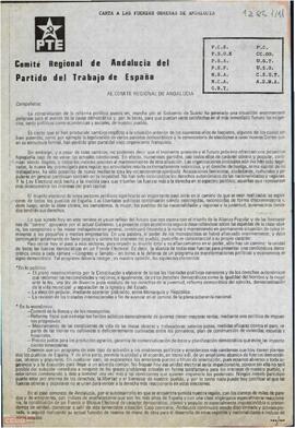 Carta del Comité Regional de Andalucía del PTE a las fuerzas obreras de Andalucía convocándolas a una reunión para la formación de un Frente Electoral Democrático Andaluz ante las elecciones.