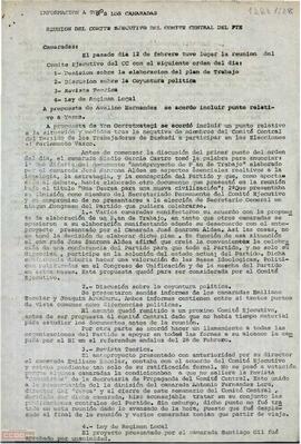 Carta de Mario Grande, Secretario de Organización del Comité Central de la ORT-PTE, acerca de la reunión del Comité Ejecutivo del Comité Central del PTE