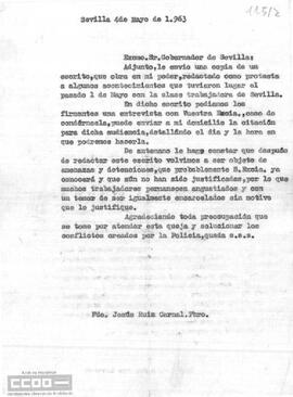 Copia de la carta de Jesús Ruiz Carnal, Presbítero, al Gobernador Civil adjuntando la carta de los trabajadores