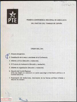 Orden del día de la Primera Conferencia Regional de Andalucía del PTE.