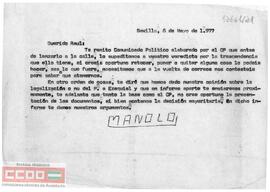 Carta de Manolo a Raúl en la que le informa del envió del comunicado político del Comité Provincial de Sevilla del PCOE. Adjunta el comunicado político.