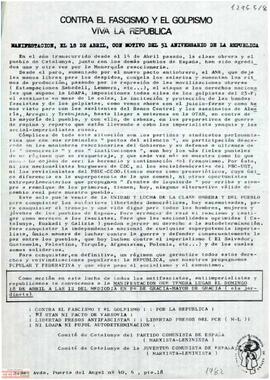 “Contra el fascismo y el golpismo viva la república. Manifestación, el 18 de abril, con motivo del 51 aniversario de la República”. Llamamiento del Comité de Catalunya del Partido Comunista de España (marxista-leninista) y del Comité de Catalunya de la Juventud Comunista de España (marxista-leninista) a la manifestación del 18 de abril. Documento en español y catalán