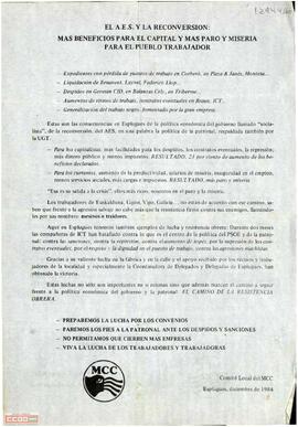 “El A.E.S. y la reconversión: más beneficios para el capital y más paro y miseria para el pueblo trabajador”. Comunicado del Comitè Local de [Esplugues] del Moviment Comunista de Catalunya