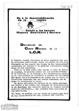 “No a la desestabilización de la región, boicot a los bancos Hispano Americano y Herrero”. Declaración del Comité Regional de [Asturias] de la LCR