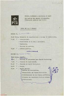 Orden del día y horario de la  Primera Conferencia Provincial de Cádiz del PTA.