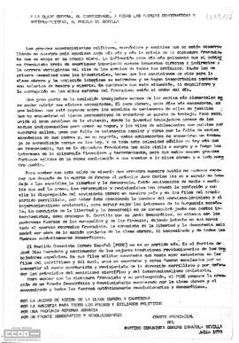 Comunicado del Comité Provincial de Sevilla del PCOE en el que se propone la creación de un Frente Democrático y Revolucionario.