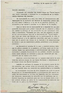Carta de Antonio Zoido Naranjo, Secretario Político del Comité Regional, por la que se remite el esquema de la ponencia política para la Primera Conferencia Regional del PTE.