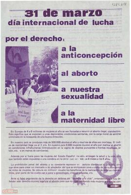 “31 de marzo: día internacional de lucha...“. Llamamiento del Comité de Catalunya de la Organització Comunista d’Espanya (Bandera Roja) a la participación en los actos convocados por la Coordinadora Feminista de Barcelona