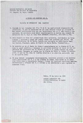 Carta del Comité Ejecutivo del Comité Provincial de Cádiz del PTA referente a la campaña de extensión del partido.