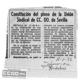 “Constitución del pleno de la Unión Sindical de CC.OO. de Sevilla”. Recorte de prensa. Informaciones Andalucía.