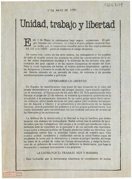 “Unidad, trabajo y libertad”. Manifiesto del 1º de mayo del Comité Nacional de Catalunya de la OCE (Bandera Roja)