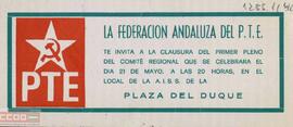 Invitación de la Federación andaluza del  PTE a la clausura del primer Pleno del Comité Regional.