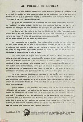 Comunicado del Comité Provincial de Sevilla de la OCE (Bandera Roja) en el que denuncia la represión de la democracia monárquica