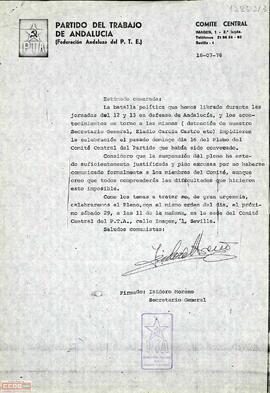 Comunicado de Isidoro Moreno, Secretario General del [PTA], referente a la suspensión del Pleno del día 16 y la convocatoria del próximo para el día 29.