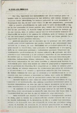 Carta de Avelino Hernández, Secretario de Propaganda del Comité Central del [PTE], referente a las revistas Comunista y Yesca