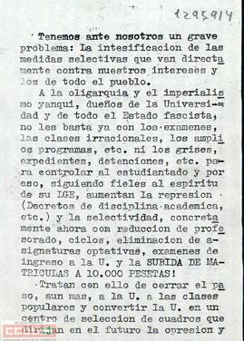 “Tenemos ante nosotros un grave problema: la intensificación de las medidas selectivas… “. Octavilla de la FUDE-FRAP