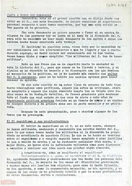 Carta de Lorenzo Aguilera, Secretario Político del barrio del Carmelo y miembro del C. L. de Barna del PTC, sobre los problemas de la estructuración del partido.