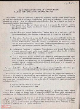 Declaración del Comité del Metro de la OCE (Bandera Roja) ante la dimisión del Secretario General de CC.OO. del Metro