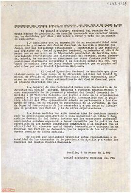 Resolución del Comité Ejecutivo Nacional del PTA por la que se sanciona a varios camaradas de la provincia de Sevilla.