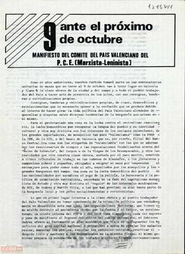 “Ante el próximo 9 de octubre”. Manifiesto del Comité del País Valenciano del Partido Comunista de España (marxista-leninista). Documento en español y catalán