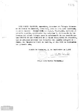 Autorización de Luis Martín Valverde, Director del Colegio Salesiano de Alcalá de Guadaira (Sevilla), para la celebración de la reunión en el colegio.