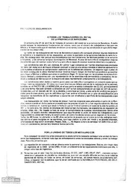 Proyecto de declaración de la LCR sobre el convenio del metal de la provincia de Barcelona