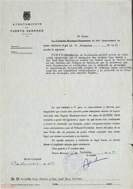 Acuerdo del Pleno del Ayuntamiento de Puerto Serrano (Cádiz) para solidarizarse con la petición de un estatuto de autonomía para Andalucía por parte del Comité Local de Puerto Serrano del PTE.