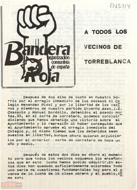 Declaración del Comité de Torreblanca de la OCE (Bandera Roja) a favor de la Asociación de Vecinos y la Asociación de Padres de Alumnos