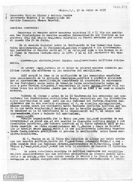 Respuesta de la Organización Unitaria del PC de España en México al Secretario General y Secretario de Organización del PCOE sobre la unificación de los comunistas españoles.
