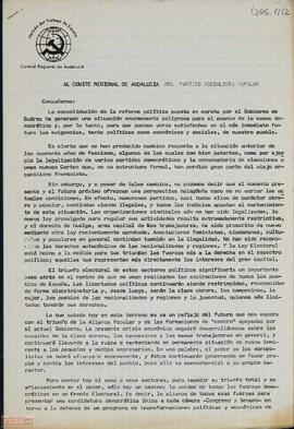 Carta del Comité Regional de Andalucía del PTE al Comité Regional de Andalucía del Partido Socialista Popular convocándole a una reunión para la formación de un Frente Electoral Democrático Andaluz.
