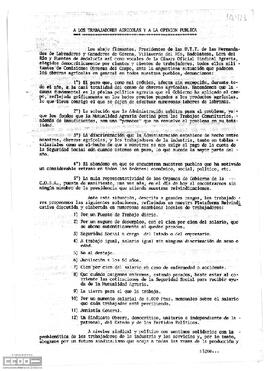 Comunicado de Comisiones Obreras del Campo de Sevilla en el que se denuncia la situación del campo y se propone una plataforma reivindicativa para resolver los problemas.
