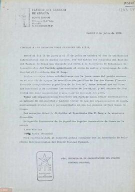Circular de la Secretaría de Organización del Comité Central Federal del PTE a las organizaciones federales sobre la solidaridad internacional con el pueblo coreano