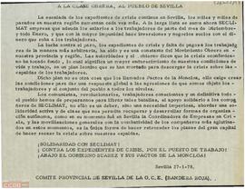 Comunicado del Comité Provincial de Sevilla de la OCE (Bandera Roja) en el que muestra su solidaridad con los trabajadores de SECLIMAT