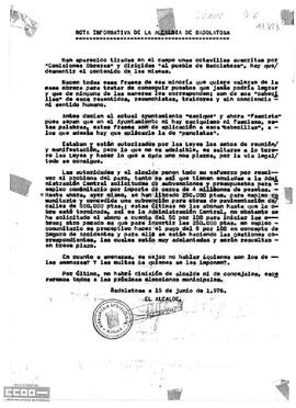 Nota informativa de la Alcaldía de Badolatosa sobre la aparición de unas octavillas de Comisiones Obreras.